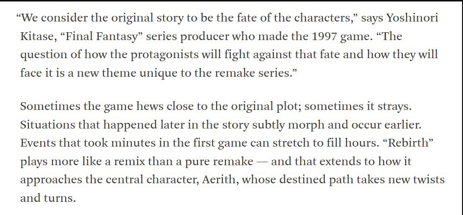 oathgate1's tweet photo. So my argument is that was the theme of the original. At this point they have narratively introduced a new theme and they have even discusssed this in interviews. Here is Kitase saying directly how they will fight their OG fate is a new theme and that Aeriths destined path will take new twists and turns.