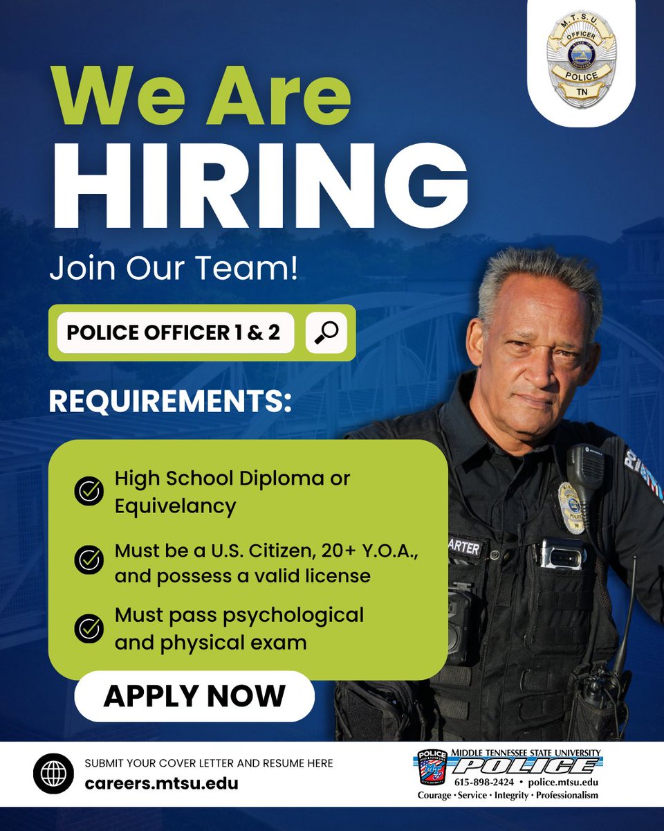 MTSUPolice's tweet photo. MTSU Police Department has opened applications for Police Officer 1 &amp; 2. 

Requirements:
High School Diploma or Equivalency 
20+ years of age at date of hire
Must be a US Citizen
Must possess a valid drivers license
Must pass a psychological and physical examination https://t.co/ARSv5xssSc