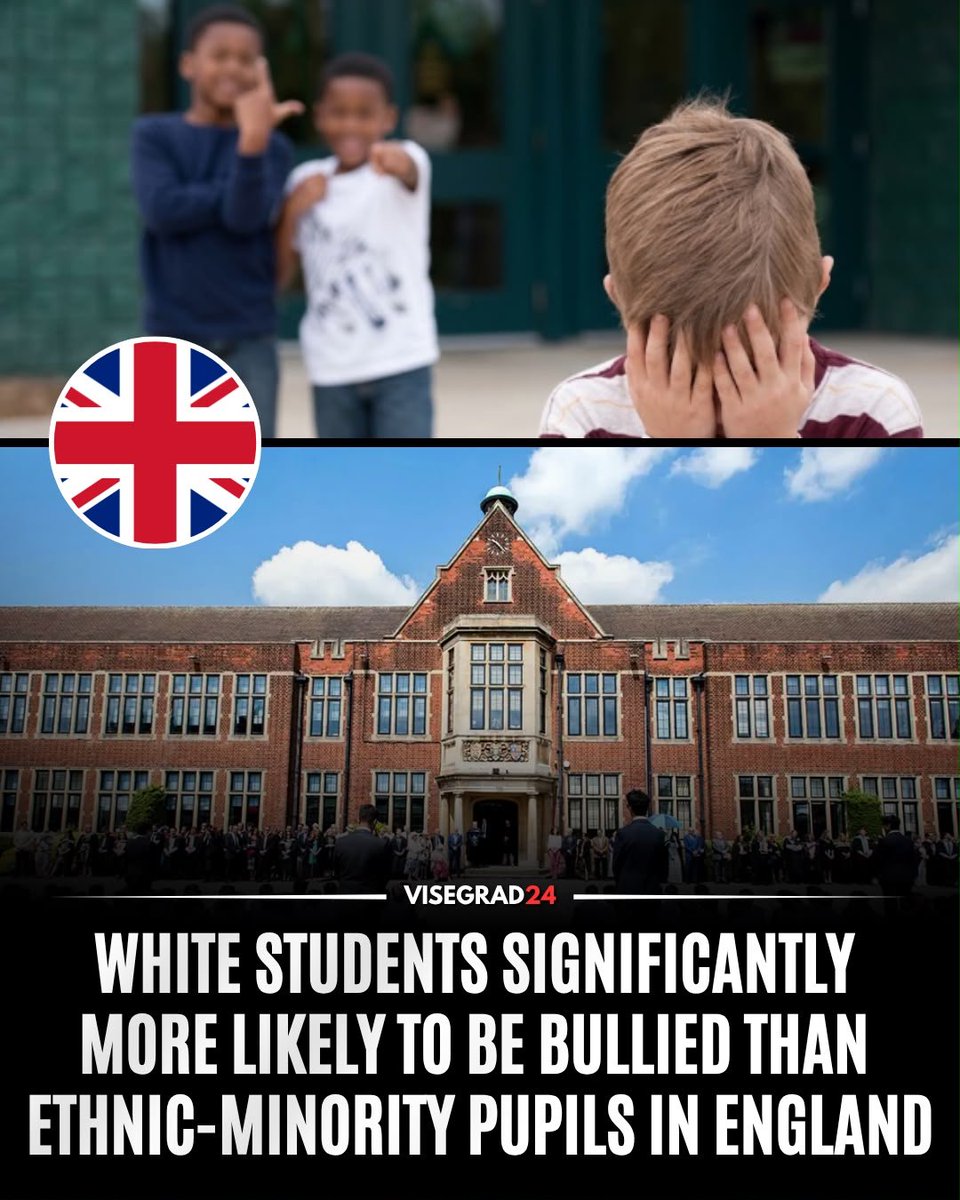 visegrad24's tweet photo. Official UK government figures show that white secondary-school pupils in England are significantly more likely to be bullied than pupils from ethnic-minority backgrounds.

In the 2022/23 academic year, 29% of white pupils surveyed said they had experienced bullying, compared with 19% of ethnic-minority pupils, a 10-percentage-point gap.

The same pattern was recorded the previous year, when 25% of white pupils reported being bullied compared with 14% of ethnic-minority pupils.
