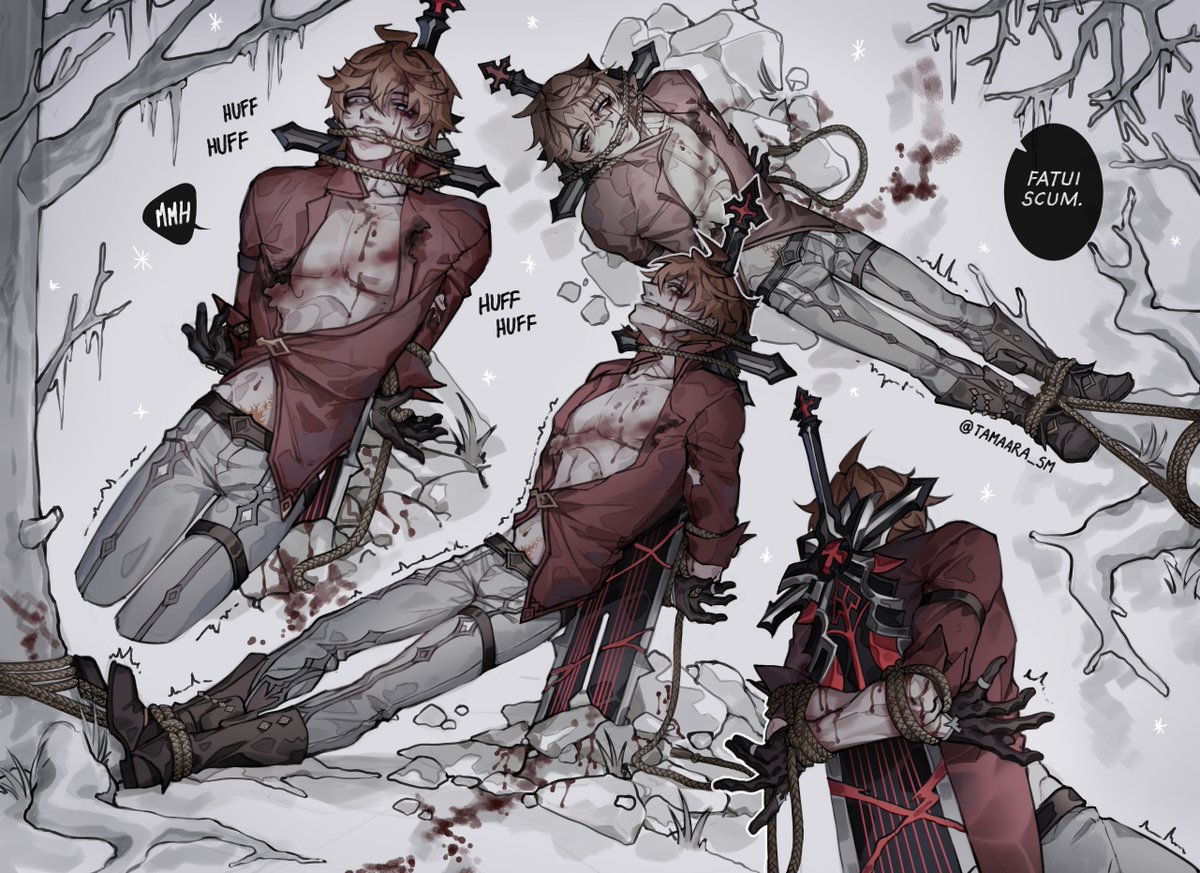 tamaara_sm's tweet photo. / straining position, blood and some scuffies,  implied #Chiluc / I thought back on the days when genshin just started and the Chiluc pairing had criminally little dark/violent fanarts even though it was more then perfect for them https://t.co/3WUrJFZOzD