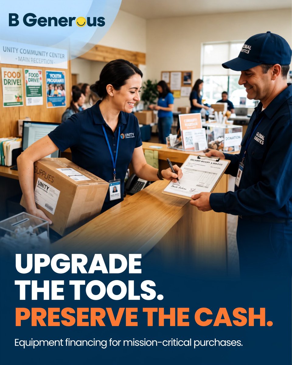 LetsBGenerous's tweet photo. Essential equipment can require significant upfront capital.

Equipment financing gives nonprofits another way to approach necessary organisational purchases while managing available cash.

Explore financing through the B Generous Credit Marketplace: https://t.co/nhbrpdIRCn https://t.co/7Q1jmmMGpo