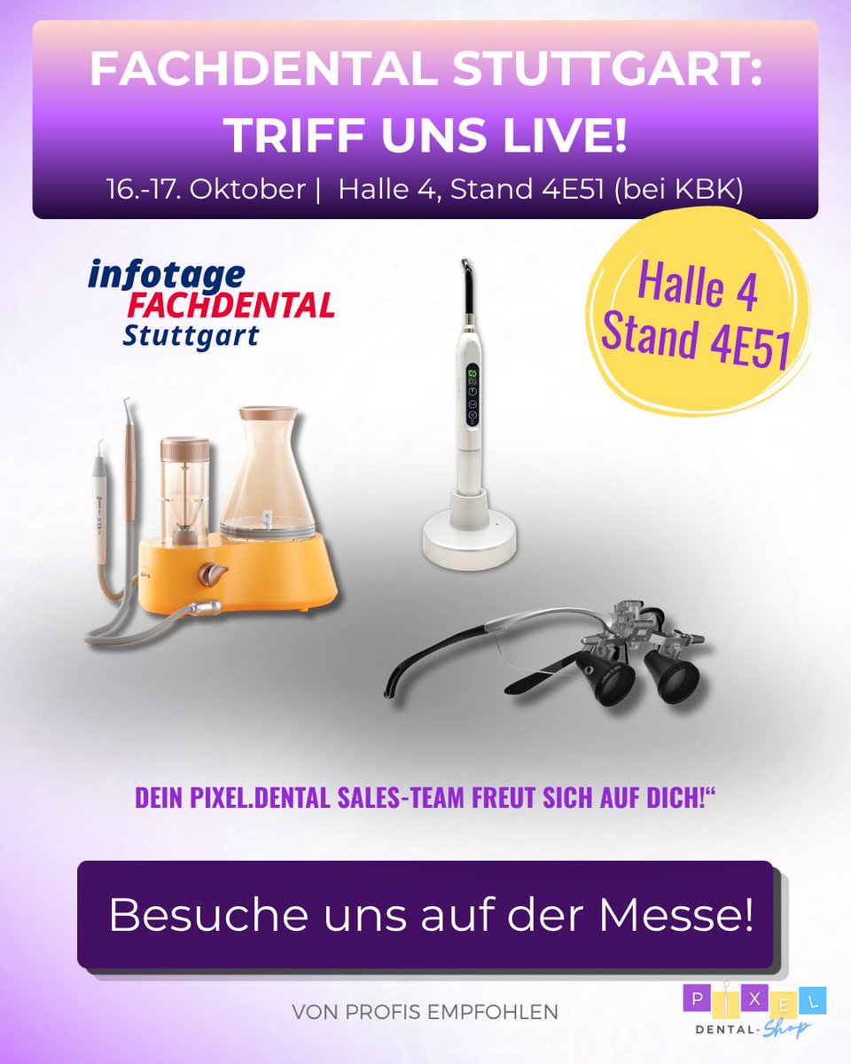 pixel_dental's tweet photo. FACHDENTAL Stuttgart am 16. &amp; 17. Oktober: Du findest uns bei KBK Dental in Halle 4, Stand 4E51. Vor Ort: Lupenbrillen, Prophylaxe-Highlights, 3D-Druck-Technologie und Mikromotoren für Praxis &amp; Labor. Komm vorbei und tausch Dich mit uns aus. ☕ #fachdental #pixeldental #kbkdental https://t.co/J9KhYIXcJJ