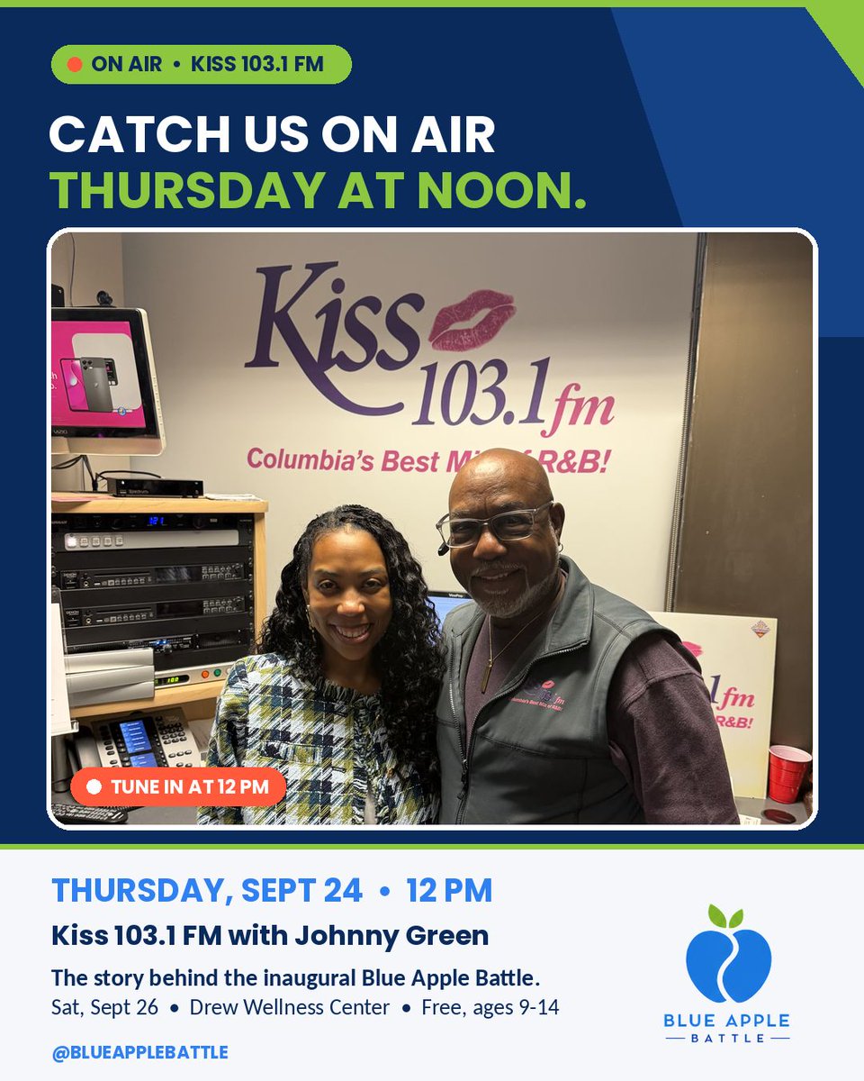 BlueAppleBattle's tweet photo. We stopped by the Kiss 103.1 FM studio to talk with Johnny Green about the inaugural Blue Apple Battle and why Columbia kids deserve prevention they can actually feel.

Catch it Thursday, September 24 at 12 PM on Kiss 103.1 FM. https://t.co/GCrxr6Qfd4