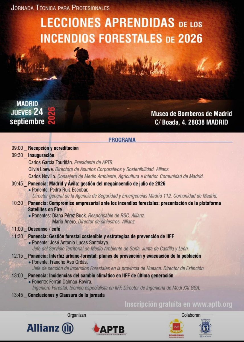 112cmadrid's tweet photo. 📑 Toda gran emergencia deja lecciones de mucho valor para optimizar la respuesta en futuras intervenciones.

El consejero @CarlosNovilloPi ha inaugurado hoy la jornada técnica "Lecciones Aprendidas de los Incendios Forestales de 2026", organizada por la @APTBBomberos y @Allianz_es. 

El director general de la #ASEM112, Pedro Ruiz, ha abierto el turno de ponencias con una dedicada al #IFSierraOeste.