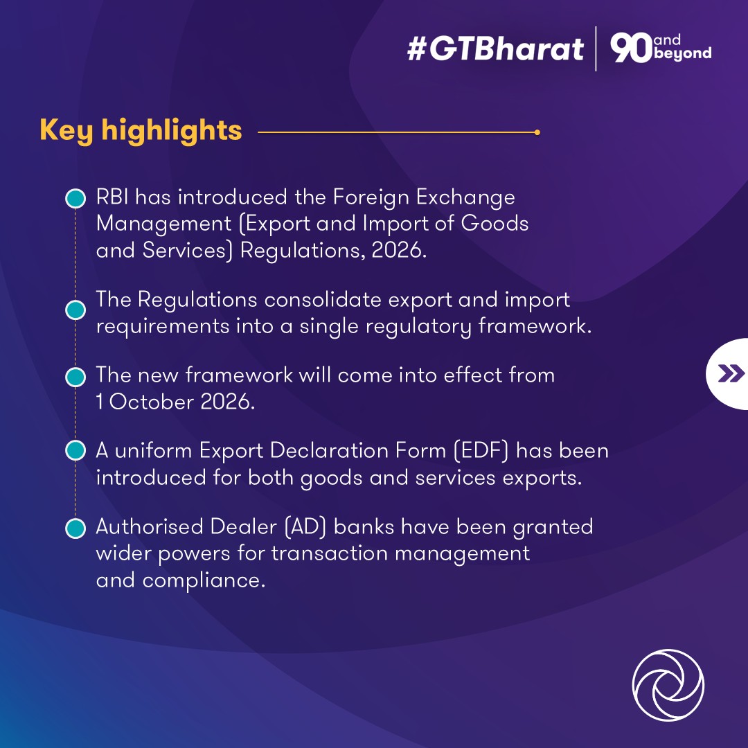 GrantThorntonIN's tweet photo. RBIβs new Foreign Exchange Management Regulations, 2026 consolidate the framework for cross-border trade, with changes to export declarations, reporting and AD bank oversight.
Click here to read the alert: https://t.co/efxF7ko9AU
#FEMA #ForeignExchange #CrossBorderTrade #RBI https://t.co/ZfK0p8uTpQ