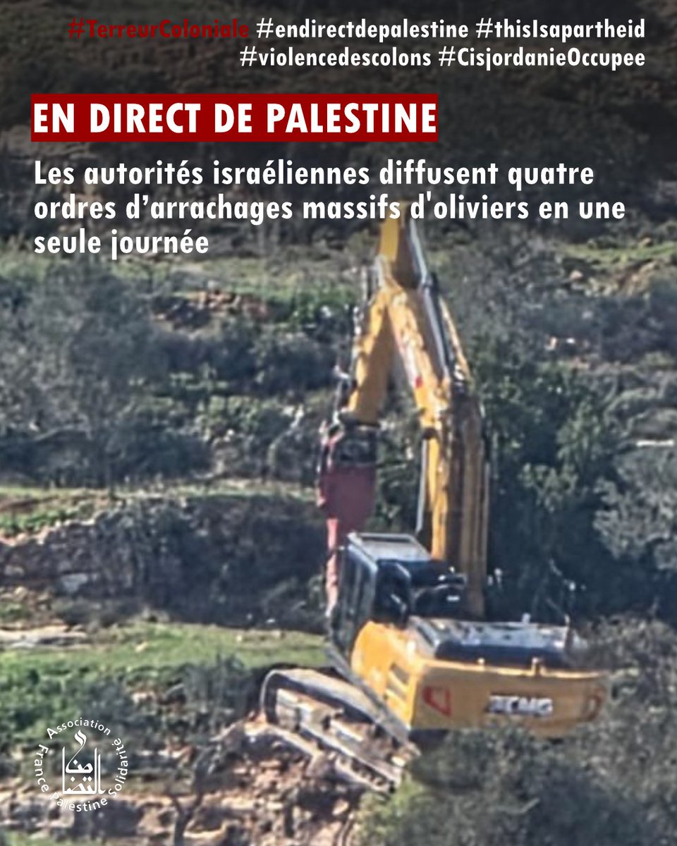 AFPSOfficiel's tweet photo. Israël a ordonné de raser 44 hectares de champs d’oliviers en Cisjordanie. 
Le prétexte : les arbres gênent les interventions militaires. 
La réalité : une volonté politique de priver les Palestinien·nes de leurs moyens de subsistance. 
➡️ https://t.co/IeRPgJd6gU https://t.co/LQL1ewrmVO