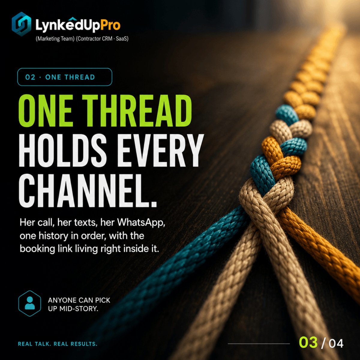 lynkedupSaaS's tweet photo. She texted. Then called. Then WhatsApped.

Three apps, three partial stories, and whoever answers next starts from
zero.

One thread holds all of it. She never repeats herself again.

https://t.co/lM7DmUyRki

#RoofingContractor #RoofingCRM https://t.co/DFxBD796cd