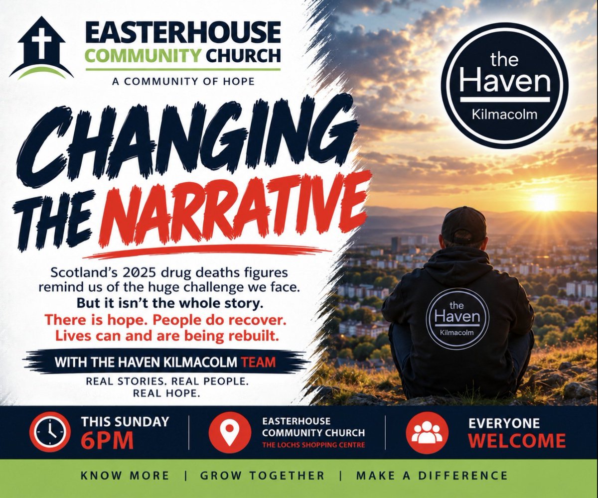 stupatterson's tweet photo. This weekβs drug death figures tell one part of Scotlandβs story.
This Sunday at Easterhouse Community Church, some of the team from The Haven will share another.
People do recover. Lives are rebuilt. There is hope.
Sunday | 6pm | Everyone welcome.
#ChangingTheNarrative #Recovery #Hope