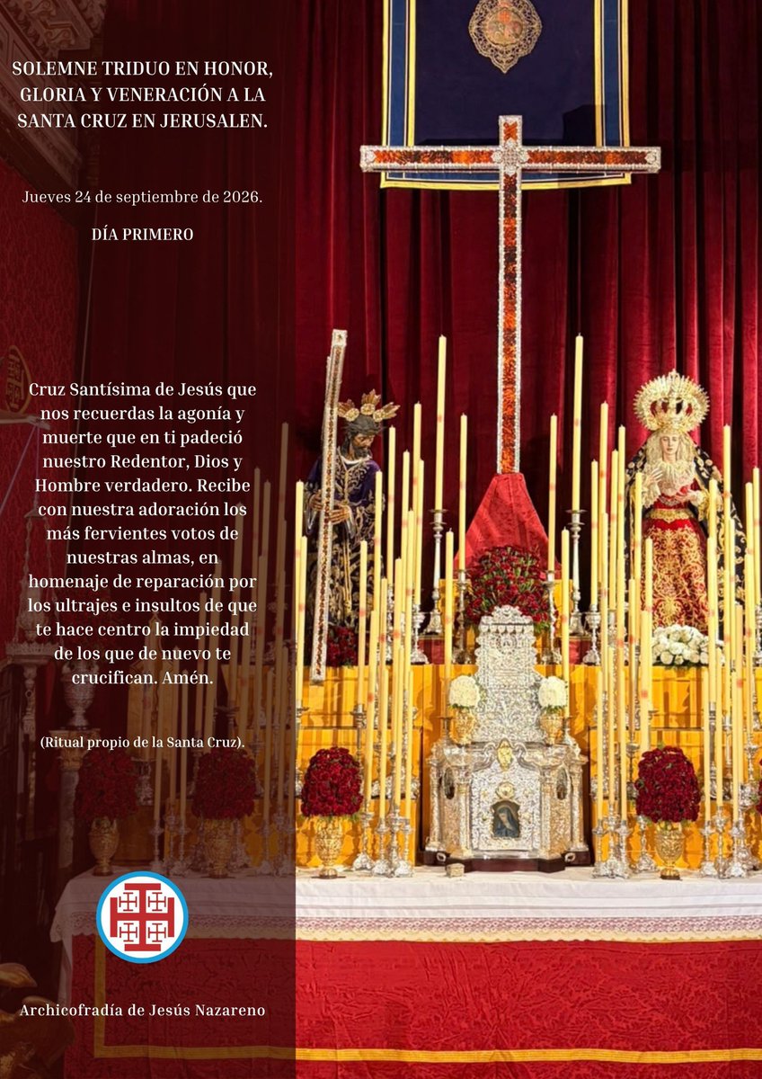 Hdad_silencio_'s tweet photo. Hoy jueves veinticuatro de septiembre tendrá lugar, D.m., el primer día del Solemne Triduo en Honor, Gloria y Veneración a la Santa Cruz en Jerusalén. El mismo, dará comienzo a las 20:00 horas con el rezo del Santo Rosario. https://t.co/6LNAJNxCVf