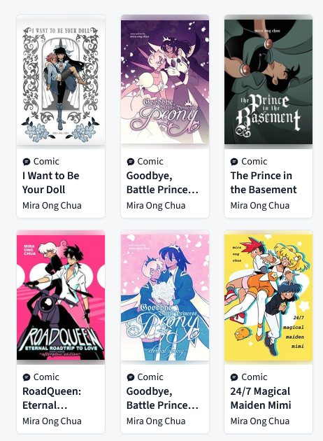 miraongchua's tweet photo. If you’ve ever wanted to read my comics for FREE, I’ve got SIX titles available for you to borrow right now on the Hoopla Digital library app @hoopladigital courtesy of Aggregate Ink. Go support your local library (and me) and check them out! 📚✨ https://t.co/nDEqQqInze