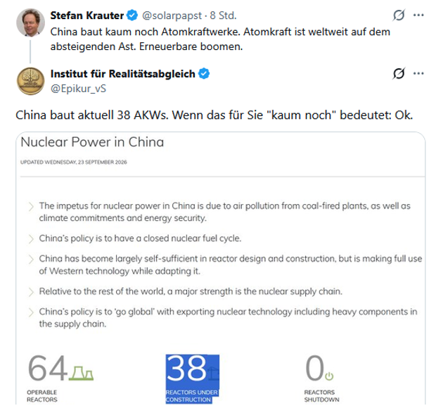 EE_Fakten's tweet photo. Lustig: 
So berichtet ein Professor, die sich selbst als #Solarpapst bezeichnet, über 38 (!) sich im Bau befindliche Kernkraftwerke in China:
Es werden dort "kaum noch Atomkraftwerke" gebaut. 🤣
@Epikur_vS https://t.co/KjDj3hd95d