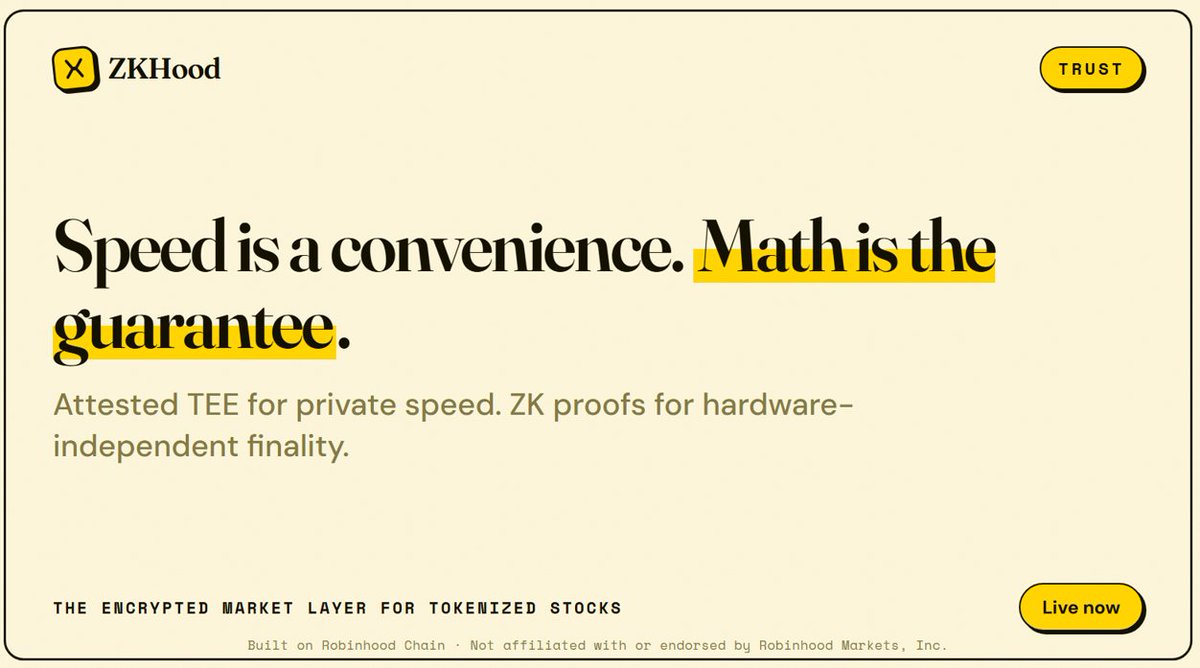 ZeroKhood's tweet photo. Speed is a convenience. Math is the guarantee.

Attested TEE for private speed; validity proofs for hardware-independent finality - caveats included, on @RobinhoodApp https://t.co/8kqFKXKE9H