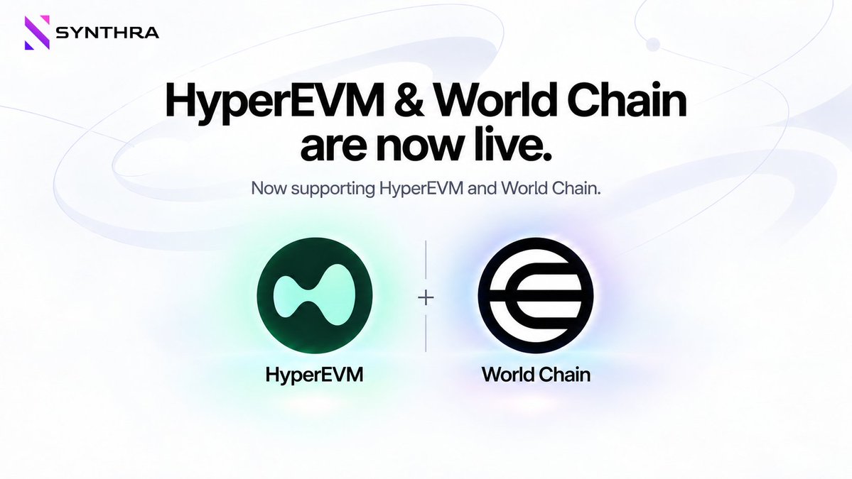 synthra_finance's tweet photo. HyperEVM &amp; @world_chain_  are now live on Synthra

Two more chains, fully integrated into the same chain-abstracted experience.

Swap and move across supported networks without thinking about bridges, routing, or where your funds are.

More chains. Same experience. https://t.co/9sXsjLY1OB