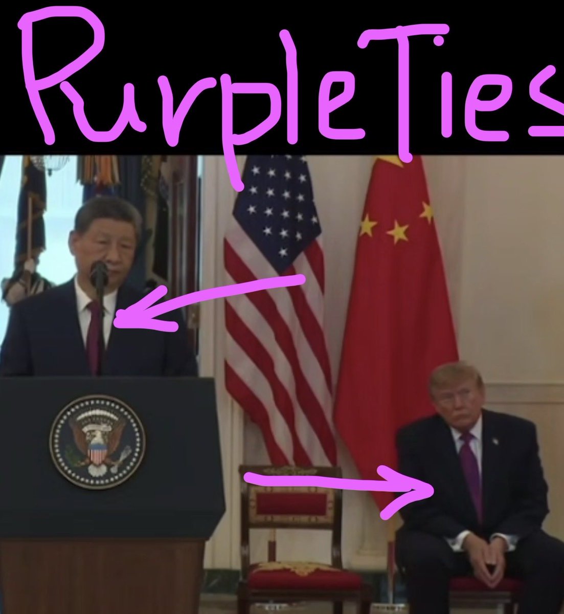 MelissaRedpill's tweet photo. Both President Xi and President Trump wearing purple ties is not a coincidence. 

It is a clear message to the cabal.
Their reign of terror is OVER.
💥💥💥💥💥💥💥💥💥 https://t.co/Yy4lWlXY7M
