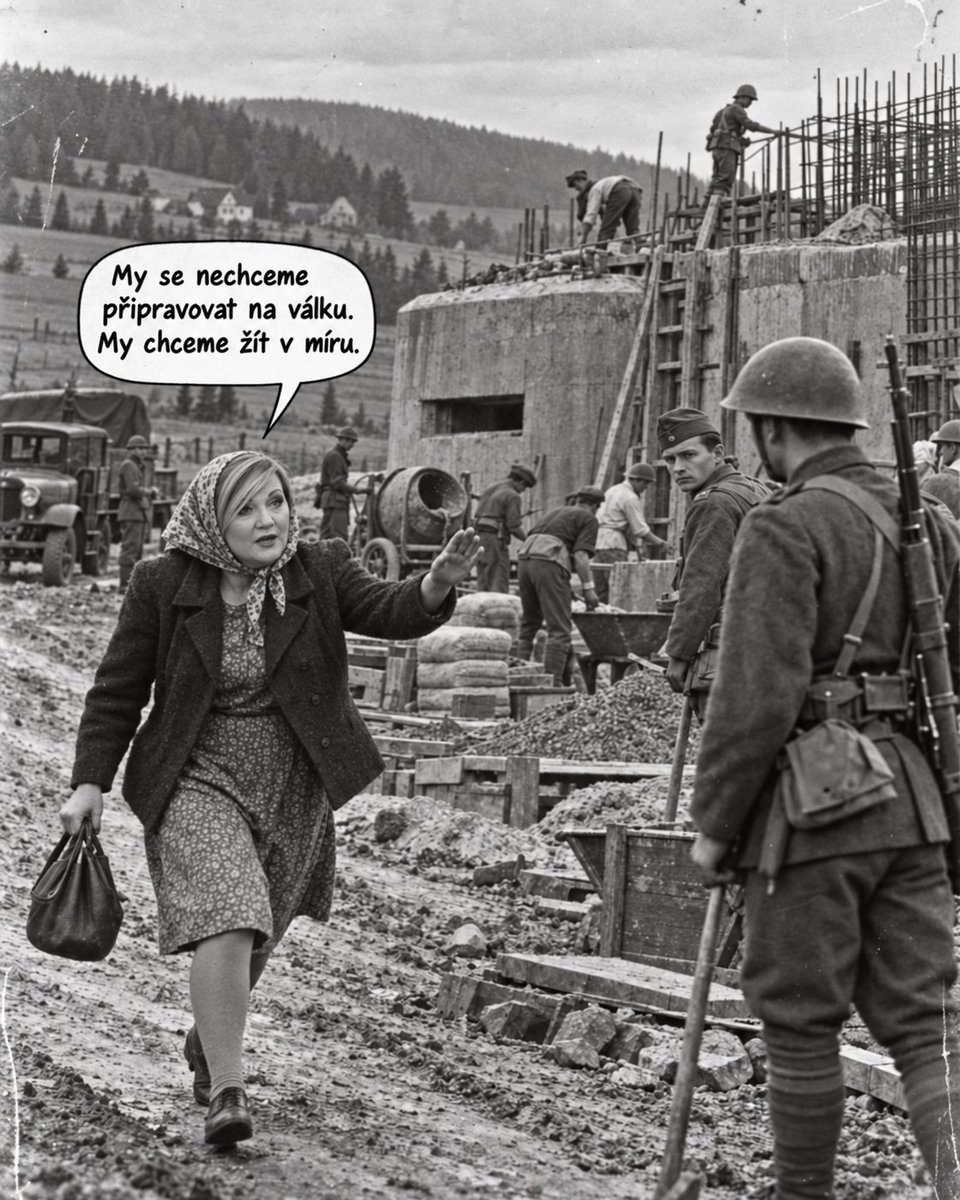 Lehya3zx5rht's tweet photo. Rok 1938. Babička Aleny Schillerové diskutuje s československými vojáky, kteří na hranici s Rakouskem dohlíží na stavbu opevnění. https://t.co/d8XtWPG5f3