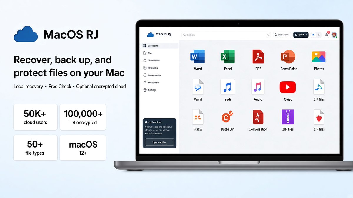 macOSRJcom's tweet photo. 💻 Recover, back up, and protect files on your Mac.
macOS RJ: local recovery, Free Check, and optional encrypted cloud — with keys only you hold.
50K+ cloud users · 100,000+ TB encrypted · 50+ file types · macOS 12+
#macOSRJ #Hero #DataRecovery #FreeCheck #EncryptedCloud https://t.co/COakbP9imN