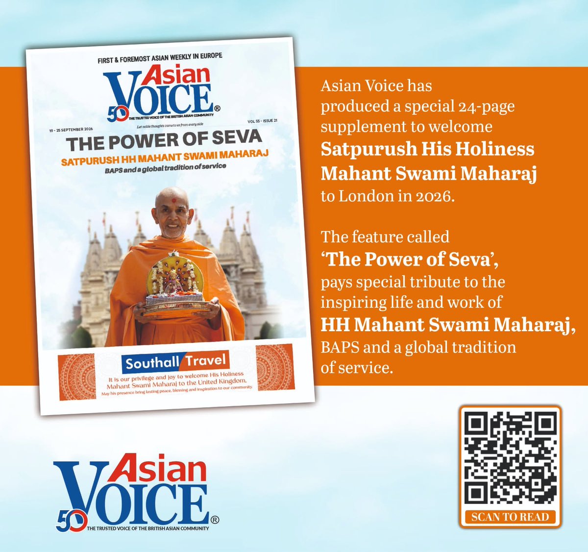 GSamacharUK's tweet photo. Asian Voice is honoured to present a special 24-page commemorative supplement “The Power of Seva” paying a heartfelt tribute to His Holiness’s inspiring life, selfless service and the global tradition of BAPS.
Read Full Edition: https://t.co/BXSjMcQKt4
@BAPS @NeasdenTemple https://t.co/WPCVGPtilq
