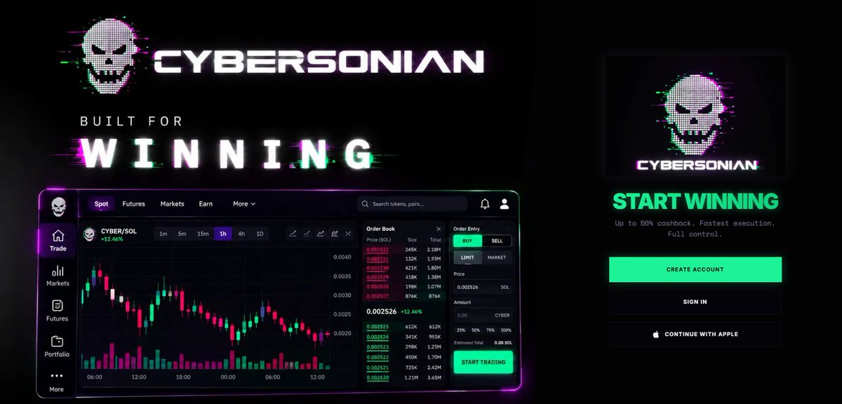 soniancex's tweet photo. Aren’t you tired of paying high fees every time you trade a meme token?

On bonding-curve and AMM platforms, you can see a token at a $74K market cap, hit sell, and end up with an execution closer to $65K because your own trade moves the price — combined with fees, slippage, and limited liquidity.

CYBER is changing that model.

With CYBER’s CEX order-book system, trades happen between real buyers and sellers inside the exchange. You deposit once, trade without sending a new blockchain transaction for every buy or sell, and you can see the actual buy and sell orders before you trade.

That means:
• No bonding curve automatically pushing the price against you
• No repeated swap fees on every move
• Real order books
• Real buyers and sellers
• Limit orders for better price control
• Faster trading inside the exchange
• Built specifically for meme-token markets

Large market orders can still move through multiple price levels when liquidity is thin — but with CYBER, you can actually see the liquidity before you trade and use limit orders to control the price you’re willing to accept.

Trade smarter. Keep more of your money.