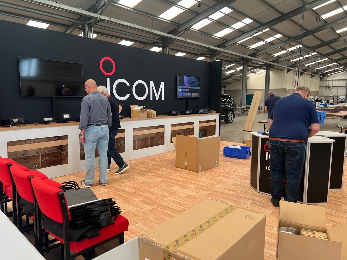 Icom_UK's tweet photo. Setup in full swing for @NationalHamfest! 🛠️
The team is hard at work getting the stand ready for tomorrow, plus you might spot JT lending a hand this year! We’ve got the IC-7110, ID-5200E, and much more on display.
Find out more: https://t.co/dGnByUl2Gx
#HamRadio #Hamfest #icom https://t.co/M1n4xrSUy5