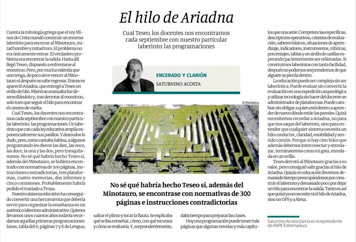 SaturAcosta's tweet photo. 🌐 Artículo de Opinión sobre la #burocracia y #programacionesdocentes .
_El hilo de Ariadna_
https://t.co/6r9BGcctyN
#ANPEcontigo https://t.co/n94eucmTGq
