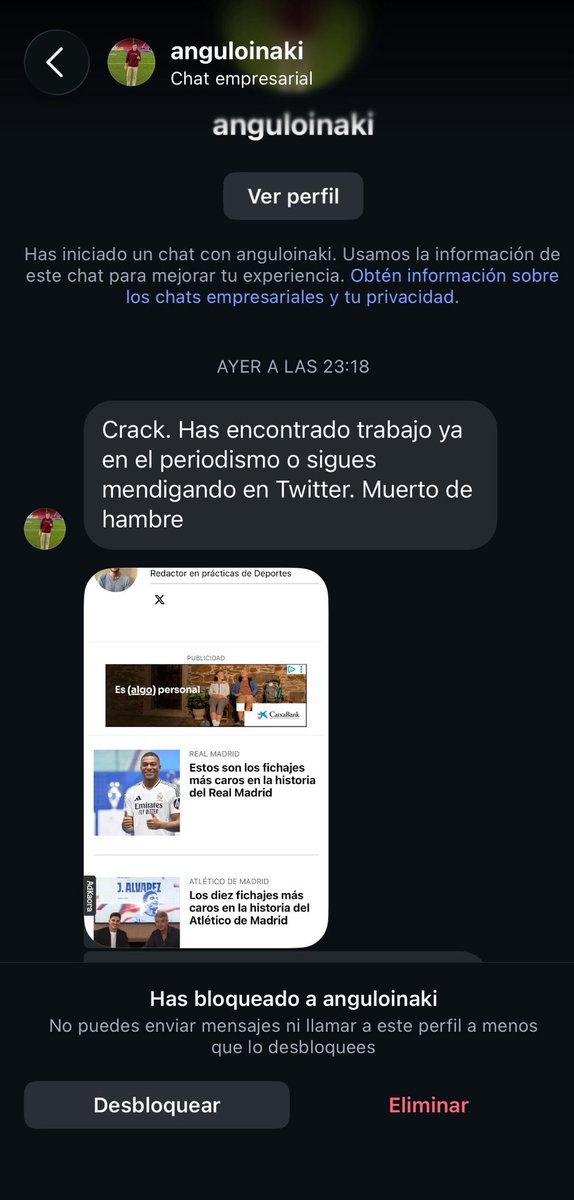 escorial_alvaro's tweet photo. Intento de matón comportándose como lo que es: un matón de patio de colegio con una vida tan triste como para irse a buscar la cuenta privada de Instagram de un "muerto de hambre" para insultarle. https://t.co/w7v1pkk9Uk