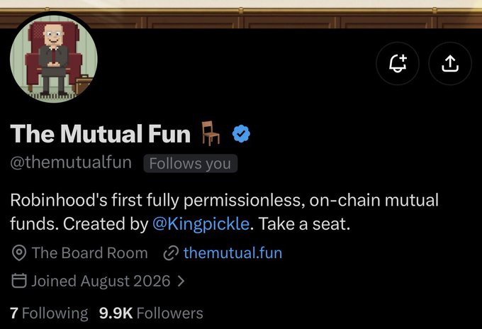 The image shows an X (Twitter) profile page for "The Mutual Fun" (@themutualfun), which is described as "Robinhood's first fully permissionless, on-chain mutual funds," created by @Kingpickle, with 9.9K followers and 7 following. The accompanying post about reaching "10K today" directly relates to the profile currently sitting at 9.9K followers, with the "throw a chair" comment referencing pixel art of a figure in a chair shown in the profile picture.