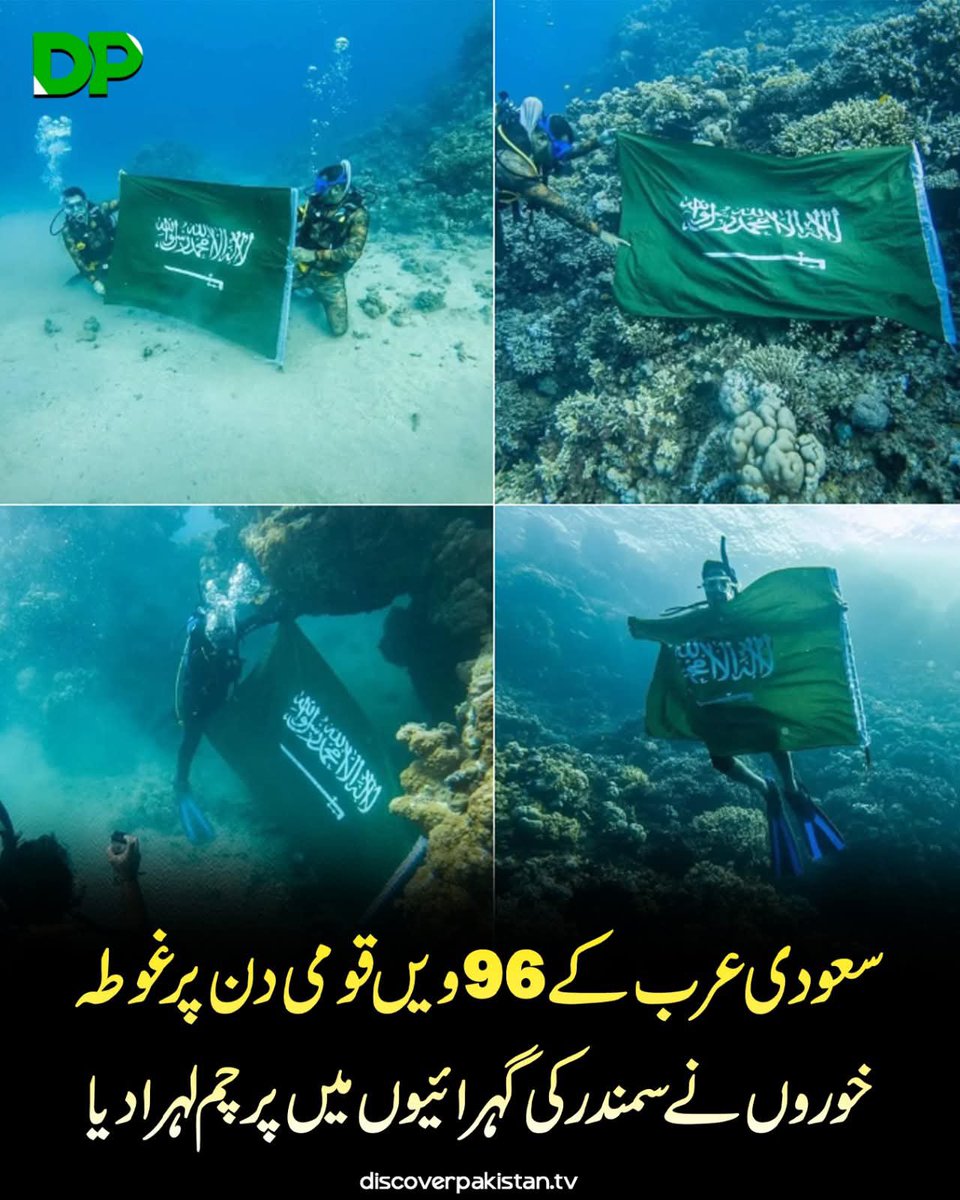 Akkhans1a's tweet photo. On Saudi Arabia’s 96th National Day, divers raised the national flag deep beneath the sea. In Tabuk Province, professional divers descended into the depths of the Red Sea to celebrate the Green Holiday and National Day in a unique way, proudly waving the green flag https://t.co/INWqGdEKv4