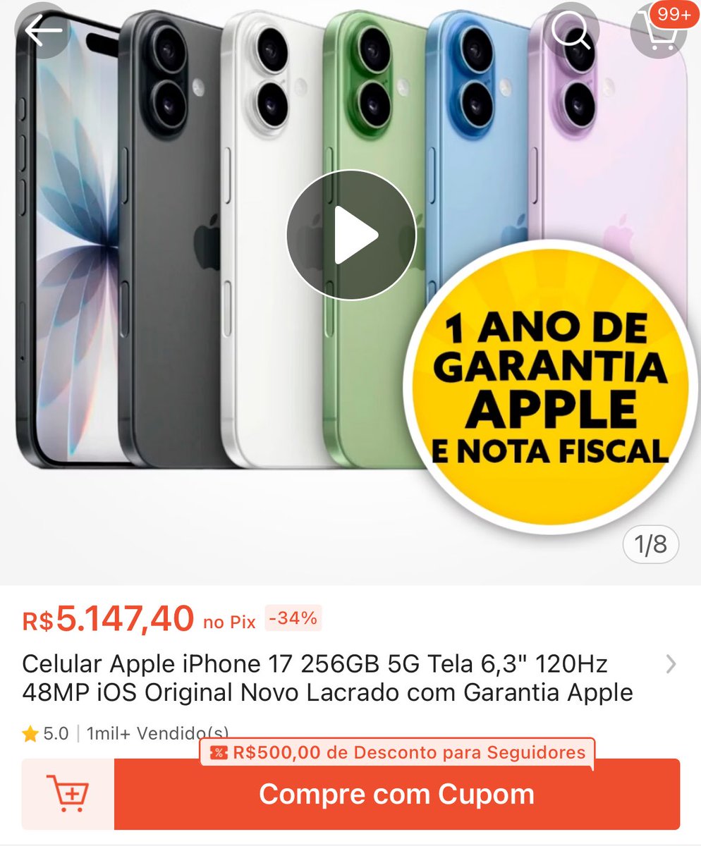 achadinhodababs's tweet photo. 🗣️IPHONE 17 COM CUPOM

✨Celular Apple iPhone 17 256GB 5G Tela 6,3" 120Hz 48MP iOS Original Novo Lacrado com Garantia Apple
💸 R$ 5.147
🛒 https://t.co/jHYPwxU0p7

👉🏻Ao finalizar ative  o cupom de R$500 que aparece https://t.co/CPA5sWv2Rb