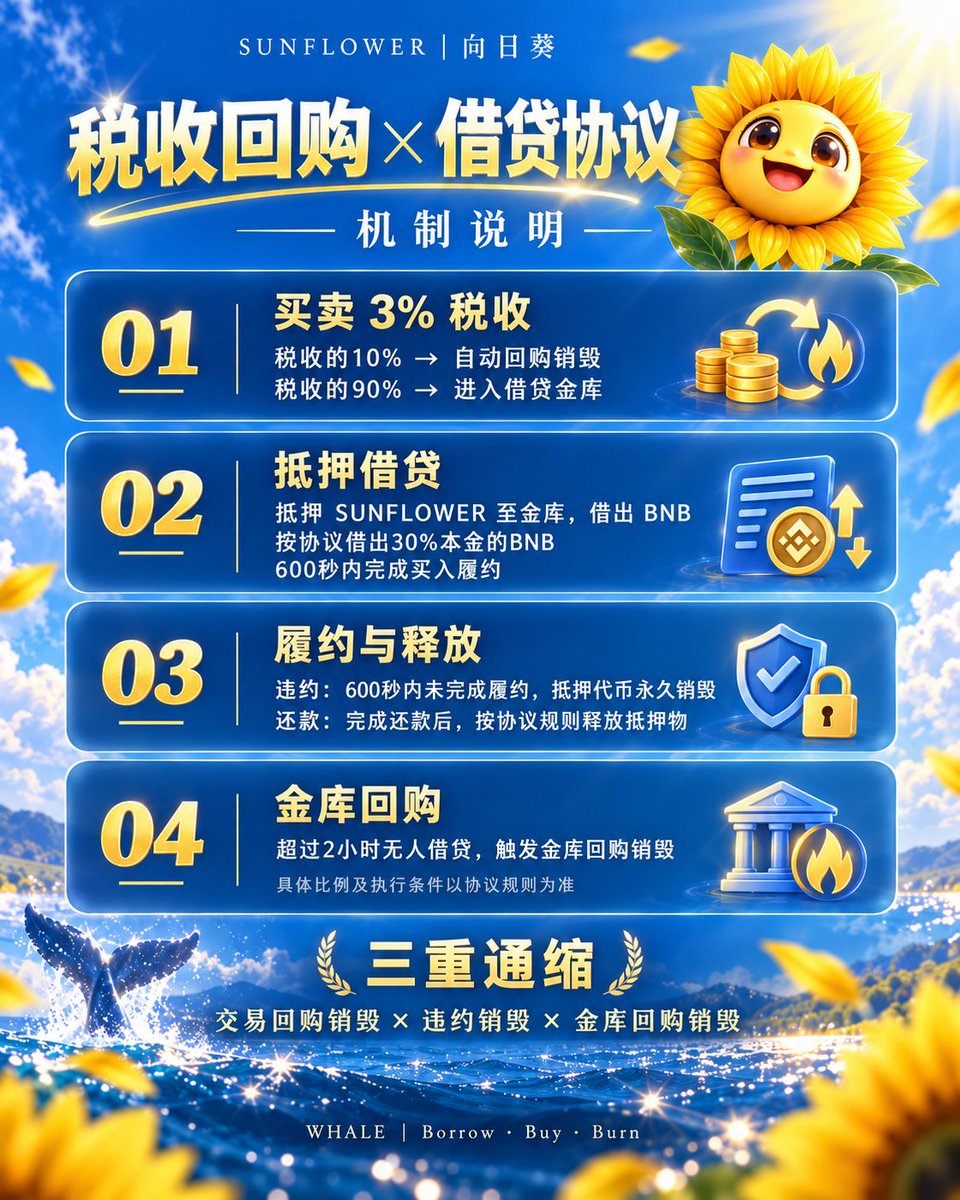 shizhi496414's tweet photo. 🌻 SUNFLOWER｜向日葵

Every Journey Begins with Light. ☀️

一个故事，从一束光开始；
一颗种子，从一次选择开始。

🔹 买卖 3% 税收
→ 10% 自动回购销毁
→ 90% 进入借贷金库

🔹 抵押 SUNFLOWER
→ 按协议借出 BNB
→ 600 秒履约窗口

🔹 未履约
→ 抵押代币按规则销毁

🔹 金库超过 2 小时无人借贷
→ 触发金库回购销毁机制

交易回购 × 违约销毁 × 金库回购
三重机制，让每一次参与都成为生态规则的一部分。

🌻 Plant the Seed.
☀️ Follow the Light.
🌱 Let It Bloom.

#SUNFLOWER #向日葵 #BNB #DeFi