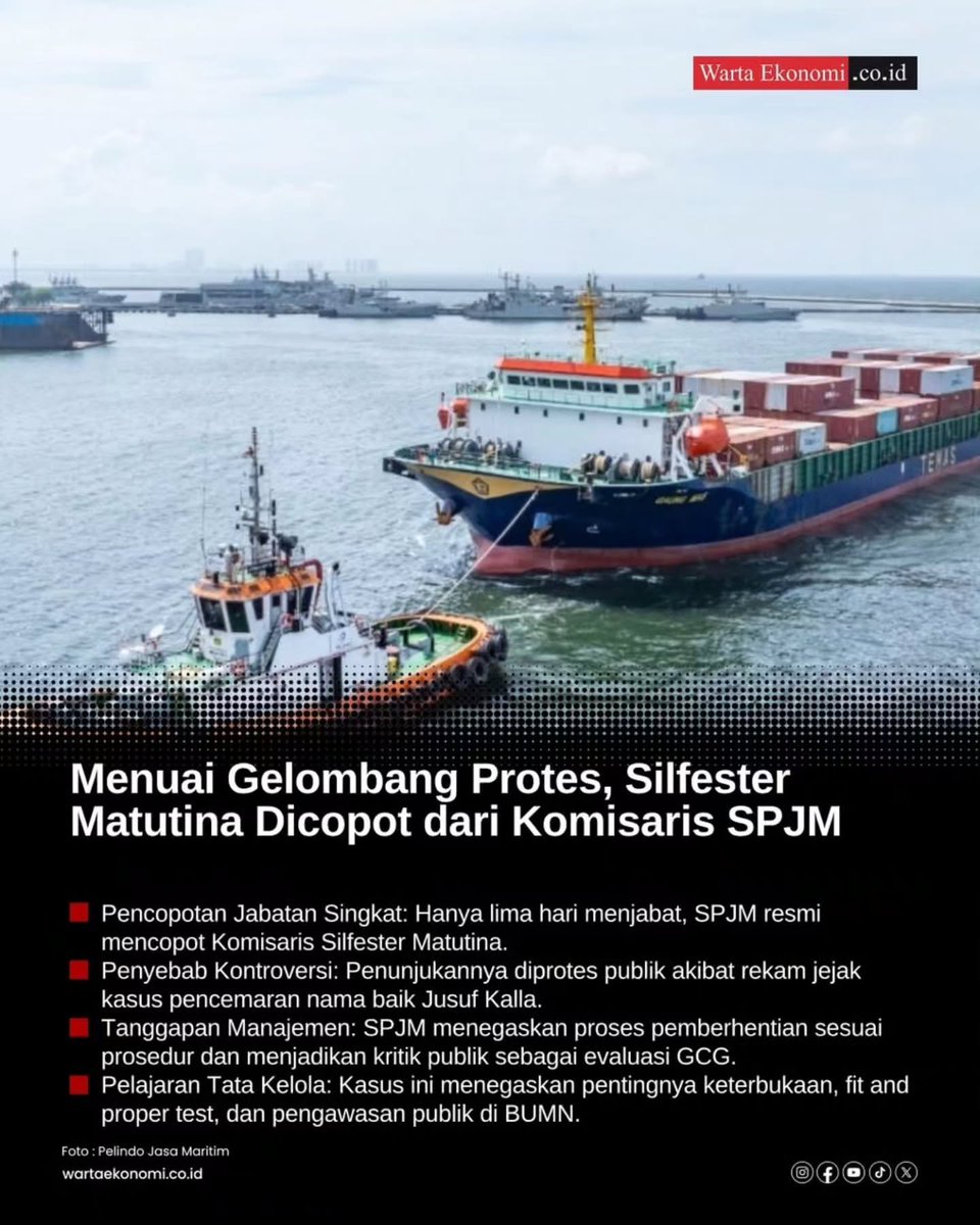 NenkMonica's tweet photo. Hanya 5 Hari Menjabat, Silfester Matutina Resmi Dicopot dari Komisaris SPJM!

PT Pelindo Jasa Maritim (SPJM) resmi mencopot Silfester Matutina dari jabatan Komisaris Independen per 23 September 2026. https://t.co/cgA8HcMfc6
