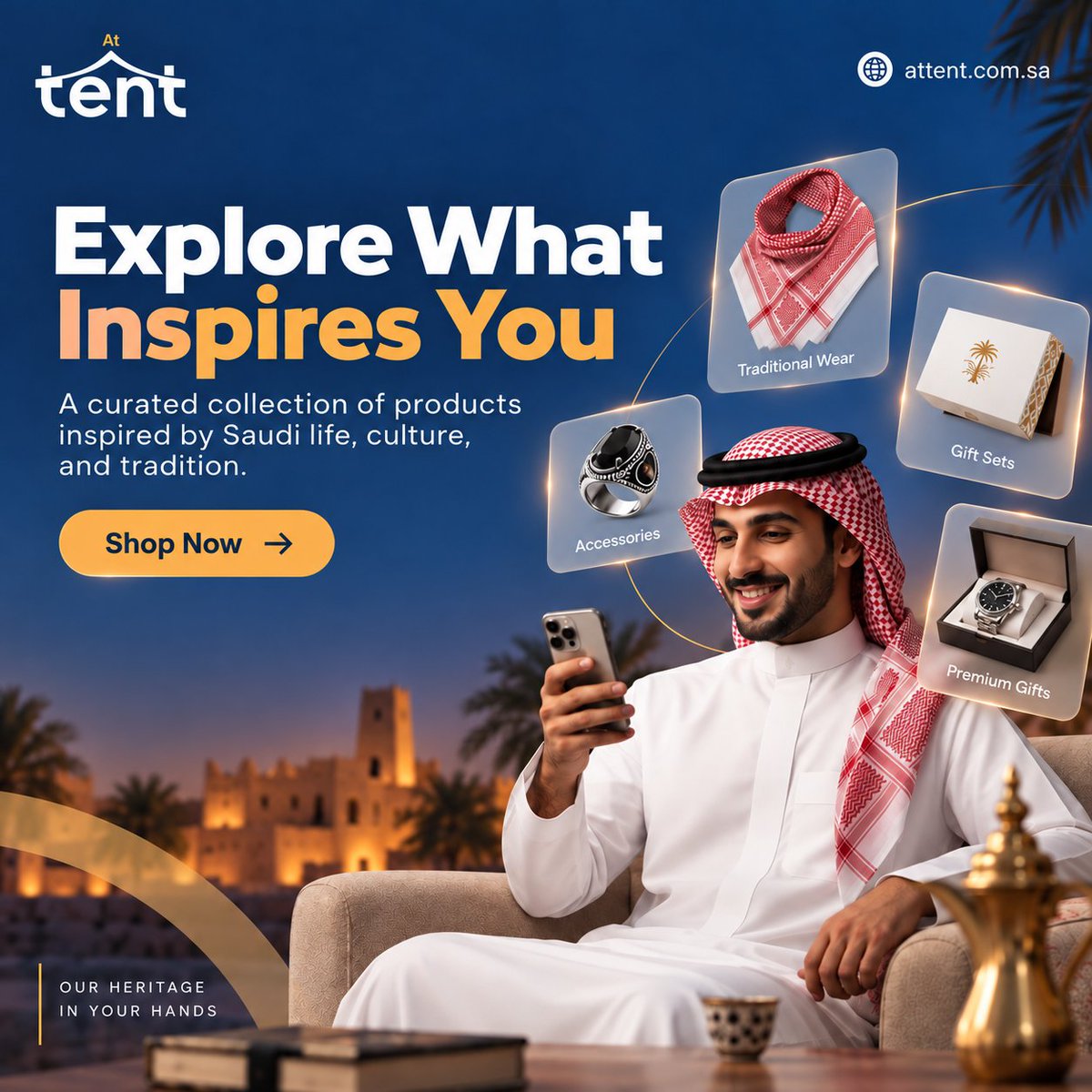 AtTent_sa's tweet photo. Discover what inspires you. 🇸🇦

Explore a curated collection of products inspired by Saudi culture, heritage, and tradition.

Shop now: https://t.co/L7fs3iou89

#AtTent #SaudiProducts #SaudiCulture https://t.co/3LpV4G9zON