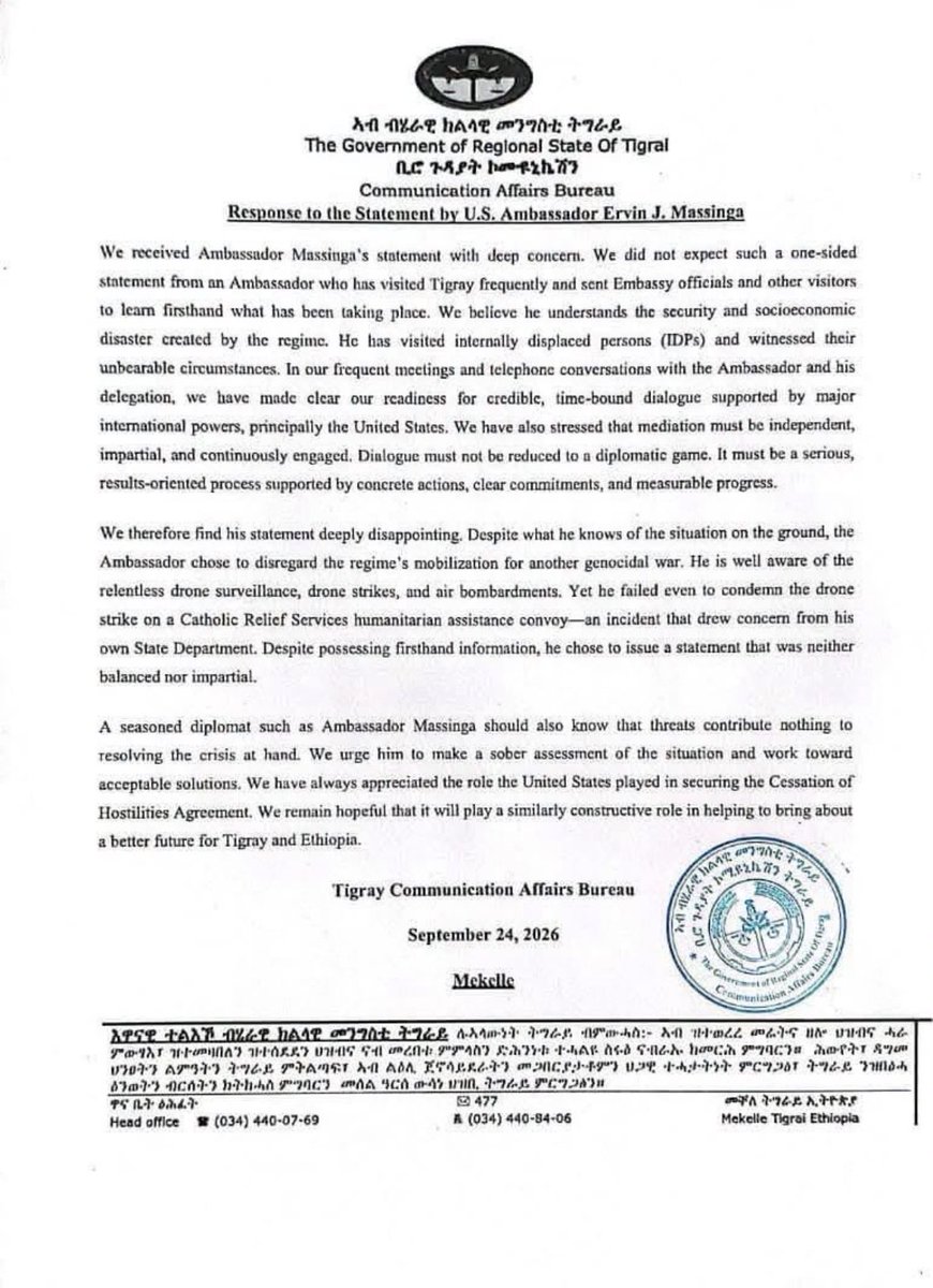 johniabraha's tweet photo. From Tigray communications bureau: reply to Ambassador Ervin Massinga. 

‘Your statement is neither balanced, nor impartial, not expected from a seasoned diplomat who have first hand information about the situation on the ground.’

@USEmbassyAddis @SecRubio https://t.co/W9xCCfbZko