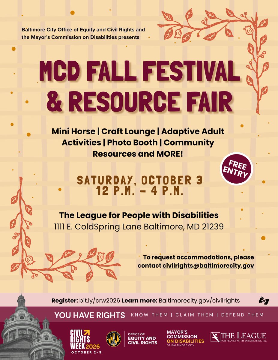 BaltimoreFire's tweet photo. BCFD is proud to support the Fall Festival &amp; Resource Fair! Join us Saturday, Oct. 3, from 12–4 p.m. at The League for People with Disabilities, 1111 E. Cold Spring Lane. Free entry, activities and community resources. Register: https://t.co/44O9Ub6A5m https://t.co/mt4qoJafcq