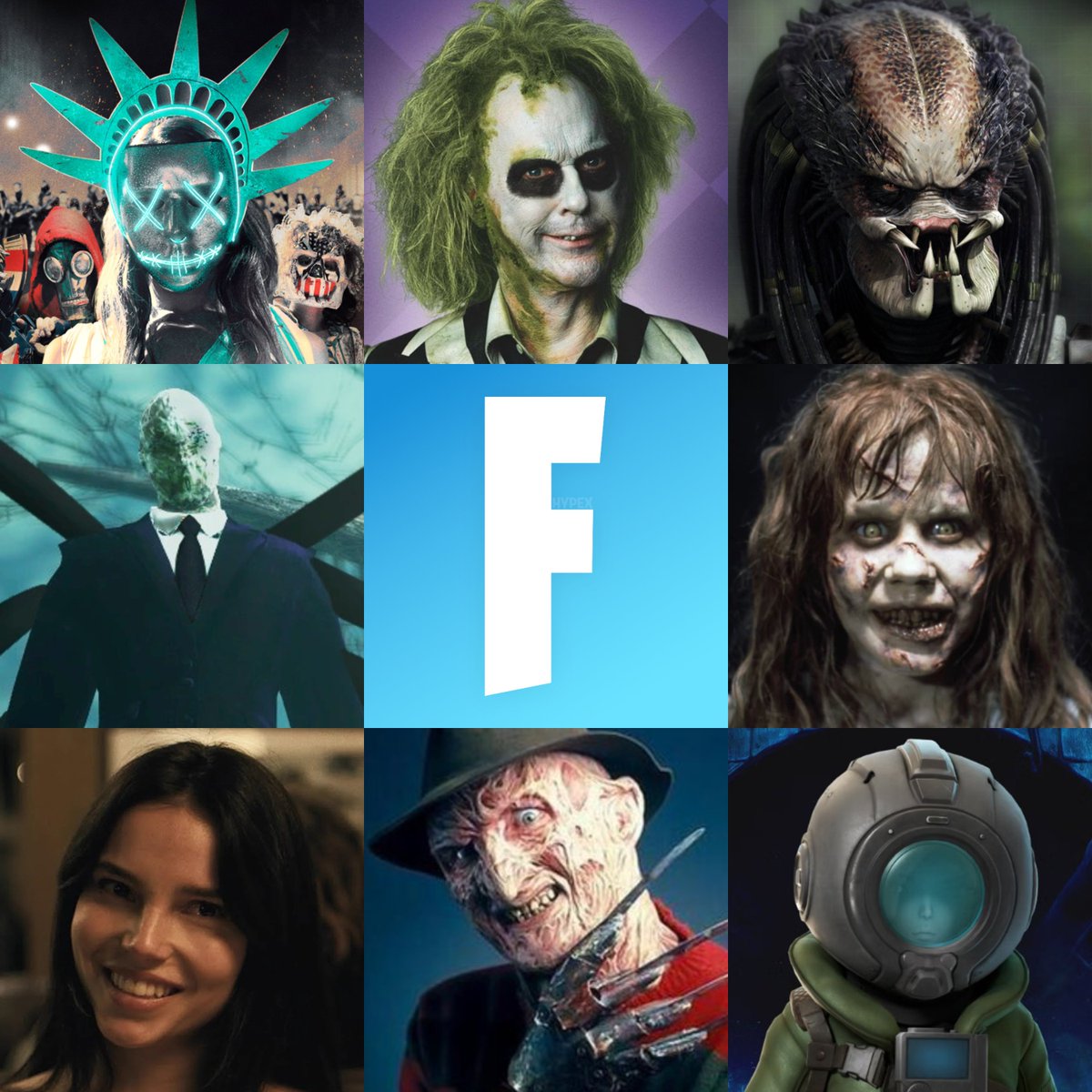 HYPEX's tweet photo. FORTNITEMARES COLLABS TEASERS TODAY

• The Purge
• Beetlejuice
• Predator
• Slender Man
• The Exorcist
• Obsession
• Freddy Krueger (Unconfirmed)
• End of Abyss (Fully Announced) https://t.co/nmWgwTImiE