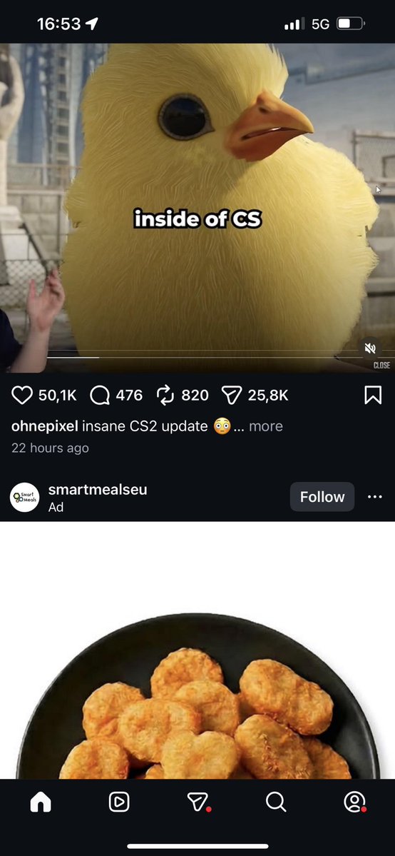 itzsagka's tweet photo. I’m not sure this was the best possible time for this ad placement 😭😭

ohnePixel showing off the new giant CS2 chicken…

Instagram immediately underneath: “You hungry?” 💀🍗

The algorithm knew EXACTLY what it was doing. https://t.co/WH7fyoigfl