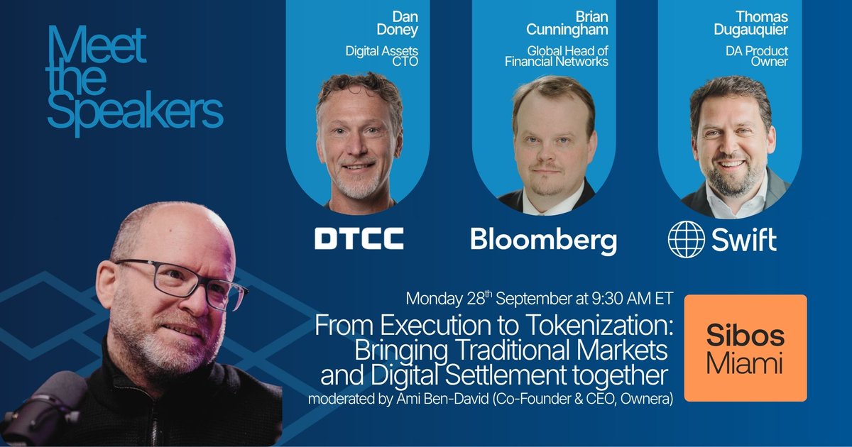 OwneraIO's tweet photo. What will allow tokenized infrastructure to integrate with legacy financial systems?
 
@amibendavid will be moderating a panel at @Sibos  Miami on Monday 28th September at 9:30 AM ET to give an insider view on the topic.
 
Among the industry leaders speaking are Dan Doney, Digital Assets CTO of @The_DTCC, Brian Cunningham, Global Head of Financial Networks at @Bloomberg , and Thomas Dugauquier , Head of Digital Assets Platform at @swiftcommunity.
 
Thank you to all those who are speaking, and we look forward to seeing you there.
 
Those attending our panel, or SIBOS more generally, please reach out to contact@ownera.io