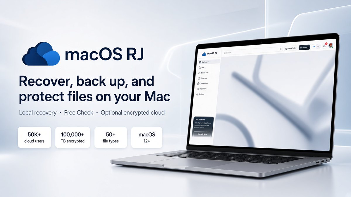 macOSRJcom's tweet photo. ♻️ macOS RJ — recover deleted files, back up locally, protect what matters.
Free Check when you want a readiness scan. Premium cloud only if you need it — with keys you hold.
#macOSRJ #MacDataRecovery #FreeCheck #LocalBackup #EncryptedCloud #HeroCover #Mac #ProtectFiles https://t.co/zVLQHdC3Xc