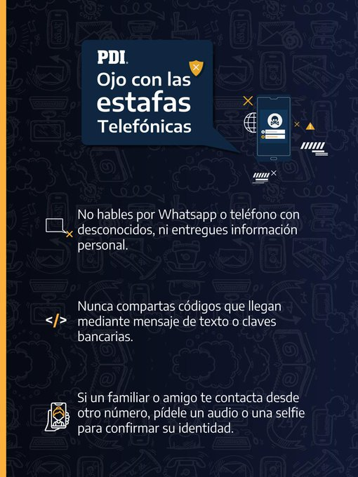 PDI_LosRios's tweet photo. 📱🚔 ¡Ojo! Te quieren estafar
Si recibes un llamado sospechoso, sigue estas recomendaciones de la PDI 👆🏼 #Valdiviacl #LosRios #ElRanco #Valdivia https://t.co/oTbuJQ0Wgh