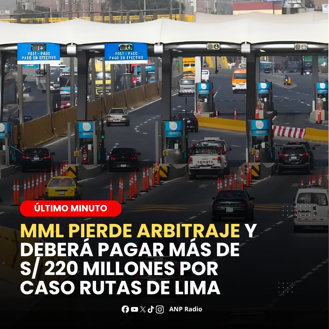 ANPRadio_'s tweet photo. 🚨 | La Municipalidad de Lima perdió un arbitraje relacionado con Rutas de Lima y deberá pagar más de S/ 220 millones, según el fallo del proceso.

 📡 Mantente informado con ANP Radio  
    
#RutasDeLima #Lima #Perú #ultimominuto #ANPradio https://t.co/2KU8X1zDn3