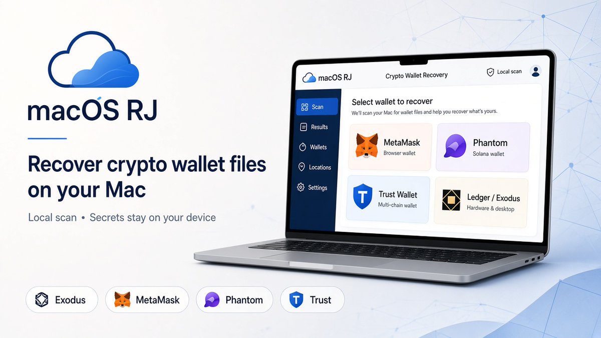 macOSRJcom's tweet photo. 👛 Recover crypto wallet files on your Mac.
Exodus · MetaMask · Phantom · Trust — when fragments remain on disk.
Local scan. Secrets stay on your device. We never ask for a seed phrase.
#Crypto #WalletRecovery #Exodus #MetaMask #Phantom #TrustWallet #LocalScan #NoSeedPhrase #Mac https://t.co/PA09G85kBT