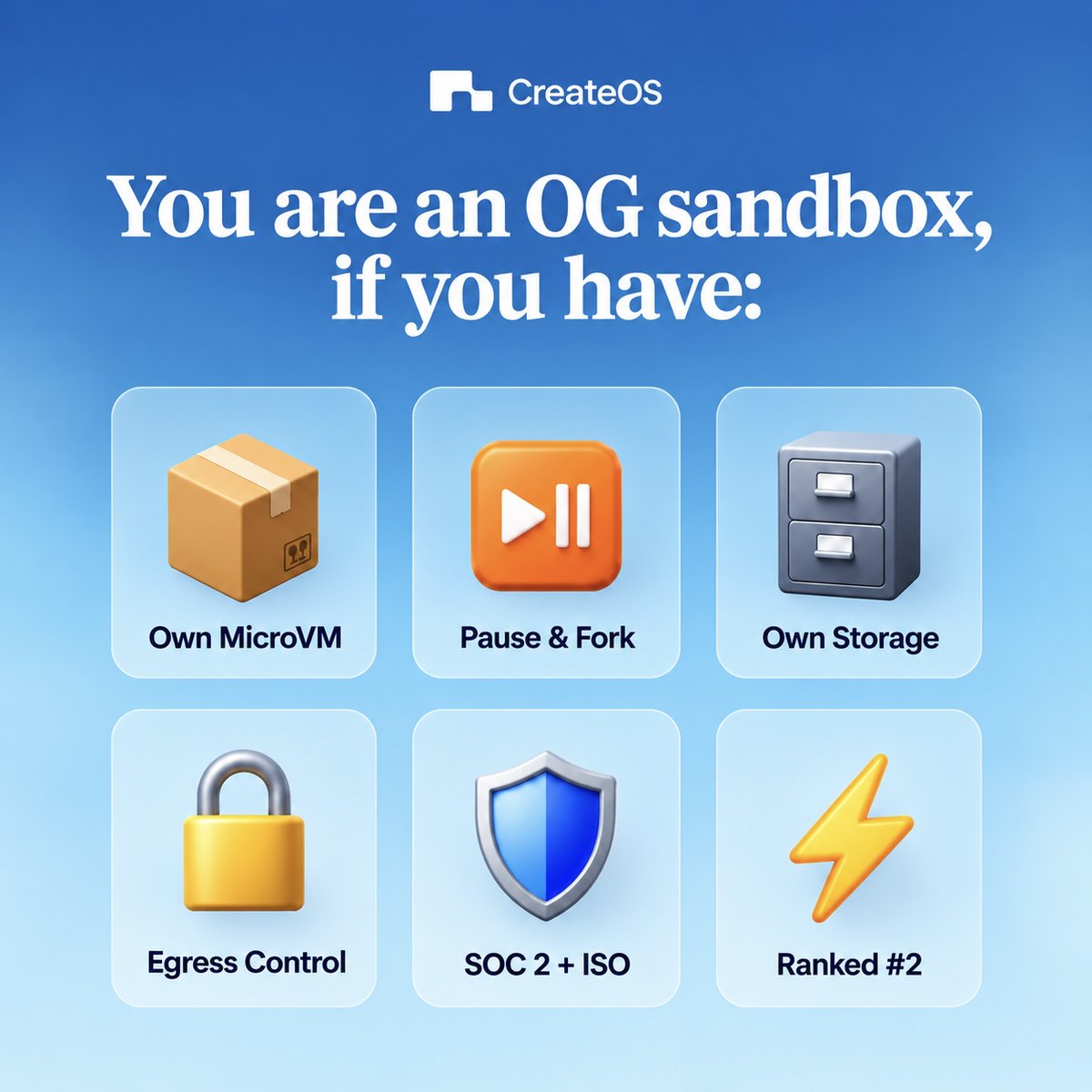 createosai's tweet photo. If you checked all six, congratulations, you're an OG.

CreateOS Sandbox checks every one of them.
Get 500 free credits, and spin up your Sandbox 👇🏻 https://t.co/CruPVfng2m
