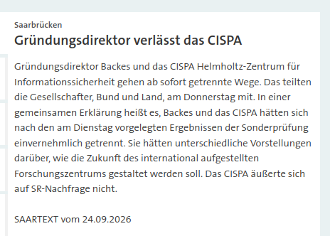 UK136S's tweet photo. Gründungsdirektor Backes und das #CISPA Helmholtz-Zentrum für #Informationssicherheit gehen ab sofort getrennte Wege | Sie hätten unterschiedliche Vorstellungen darüber, wie die Zukunft des international aufgestellten Forschungszentrums gestaltet werden soll | #MichaelBackes https://t.co/8D7MGYbpmT