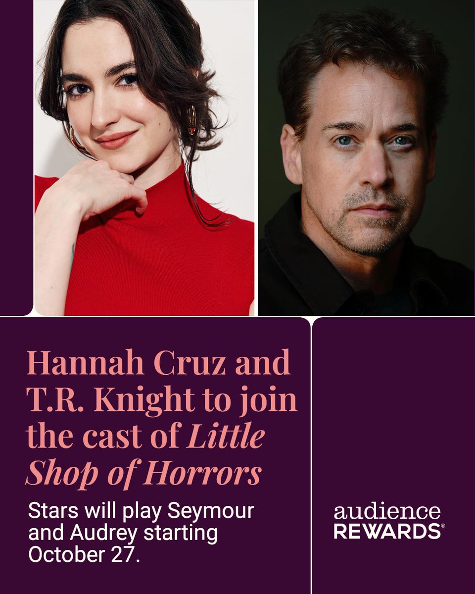 audiencerewards's tweet photo. Bop sh-bop - there are some new faces coming to the flower shop!

Tony Award nominee Hannah Cruz (Chess, Suffs) and Emmy Award nominee T.R. Knight (Grey's Anatomy) will step into the roles of Audrey and Seymour in @littleshopnyc starting October 27. https://t.co/FkT7Xe91ut