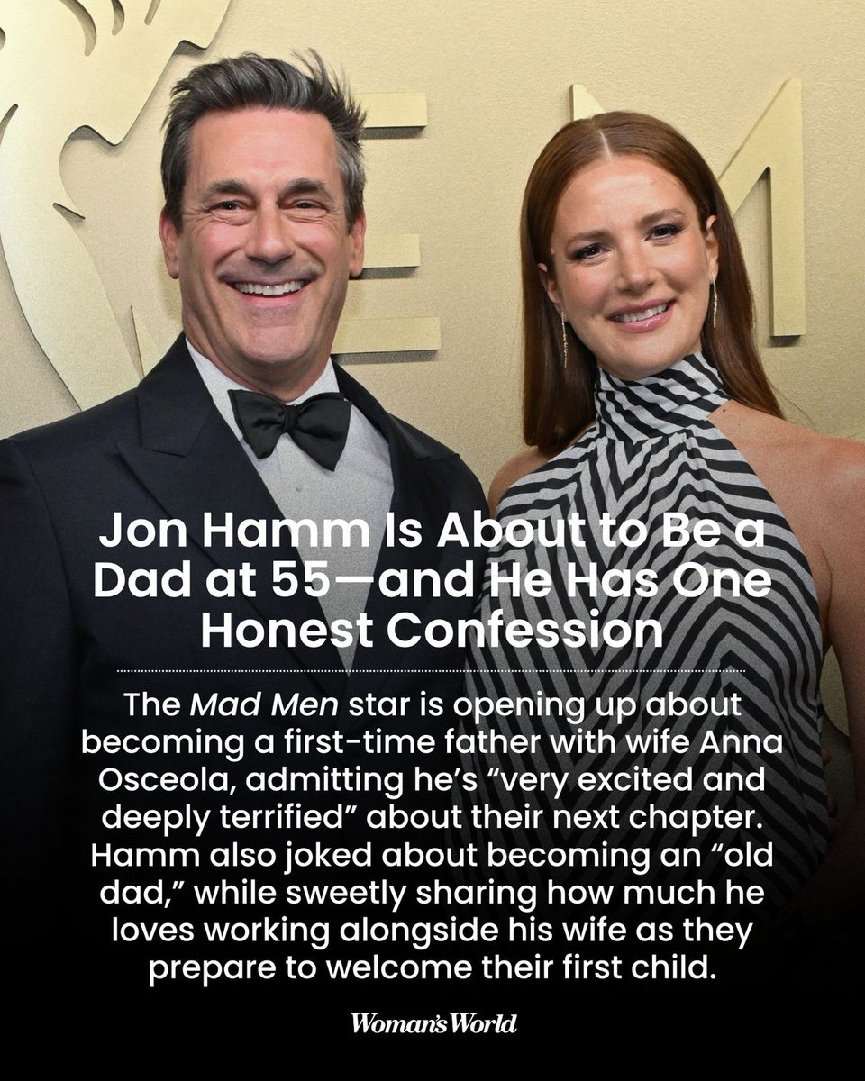 WomansWorldUS's tweet photo. Jon Hamm is getting candid about becoming a first-time dad at 55. ❤️ The actor says he’s ready for this new chapter with wife Anna Osceola. 👶
#womansworld #jonhamm #annaosceola #firsttimedad https://t.co/ssVuXW5ht2