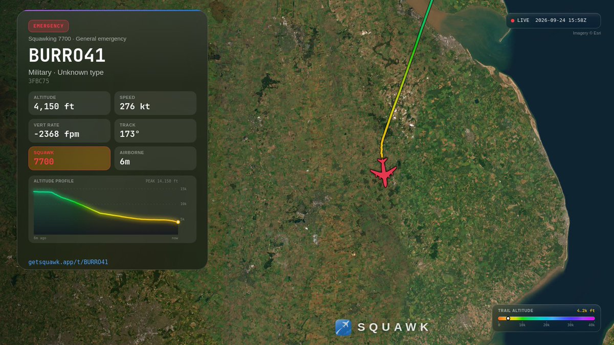 UseSquawk's tweet photo. 🚨 An aircraft (BURRO41) is squawking 7700 — declaring an emergency at 4,875 ft near Manchester, UK. https://t.co/HUyx2Qo4OP