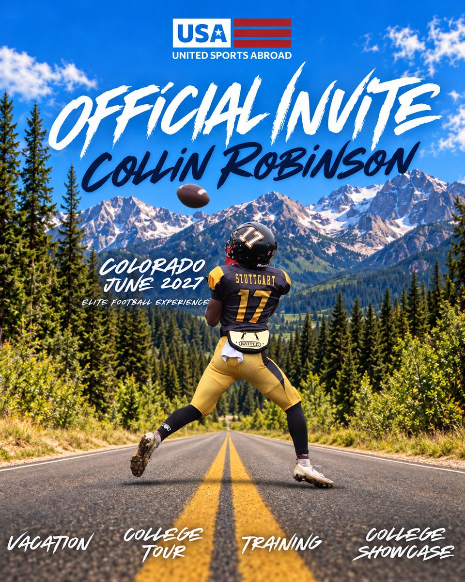 UnitedSportsAbr's tweet photo. United Sports Abroad is excited to officially invite @Collin_Rob17 to our Colorado Elite Football Experience in June 2027! https://t.co/8olrHLV7EI