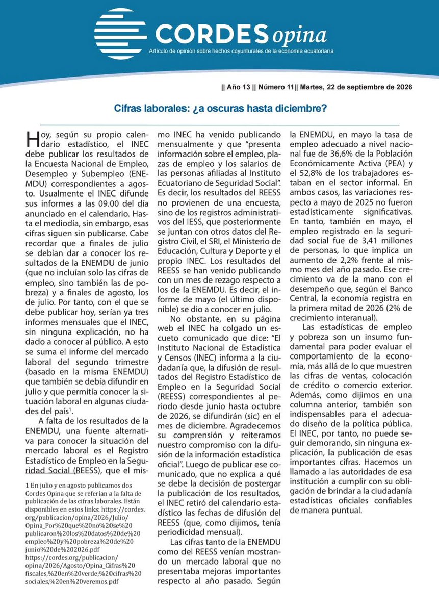 pabloiturralder's tweet photo. Esto es gravísimo. Llevamos tres meses sin publicar la ENEMDU y se posterga hasta diciembre cifras del empleo. Sin datos de empleo, subempleo, informalidad y salarios no se puede evaluar la política económica ni la realidad social. https://t.co/Jis5W99J5N