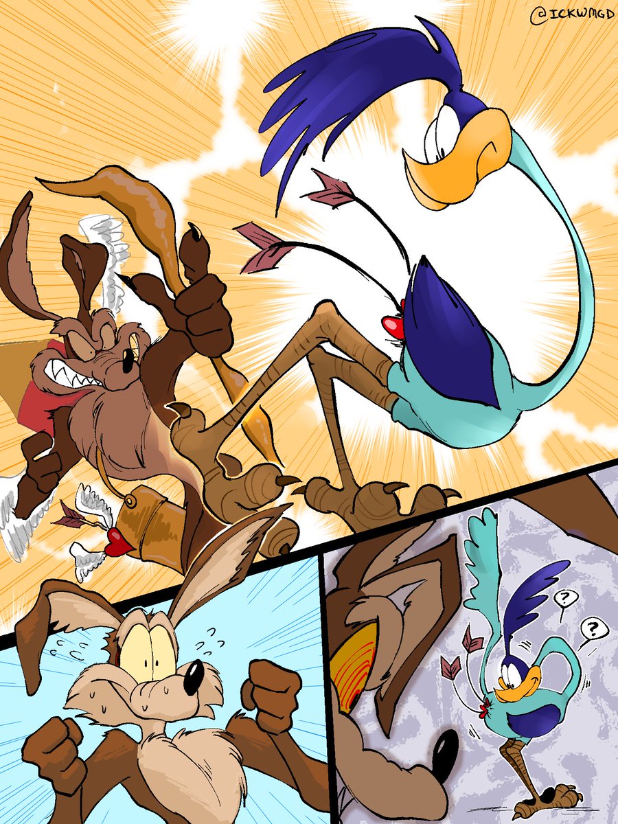 ICKWMGD's tweet photo. that one official strip if coyote did manage to make roadie “fall in love” with him #wileroadㅤㅤ #wilerunner https://t.co/zSBAN73f0P