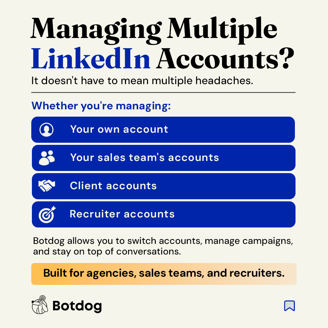 Botdogco's tweet photo. Managing 1 LinkedIn account is easy. Managing 5 or 50 is another story. 😅

Botdog lets you manage multiple LinkedIn accounts from one platform - perfect for agencies, sales teams &amp; recruiters. 🤝📈 

Less tab switching. Less admin. More outreach.

#LinkedInAutomation #Botdog https://t.co/mBqjE7Mtgd
