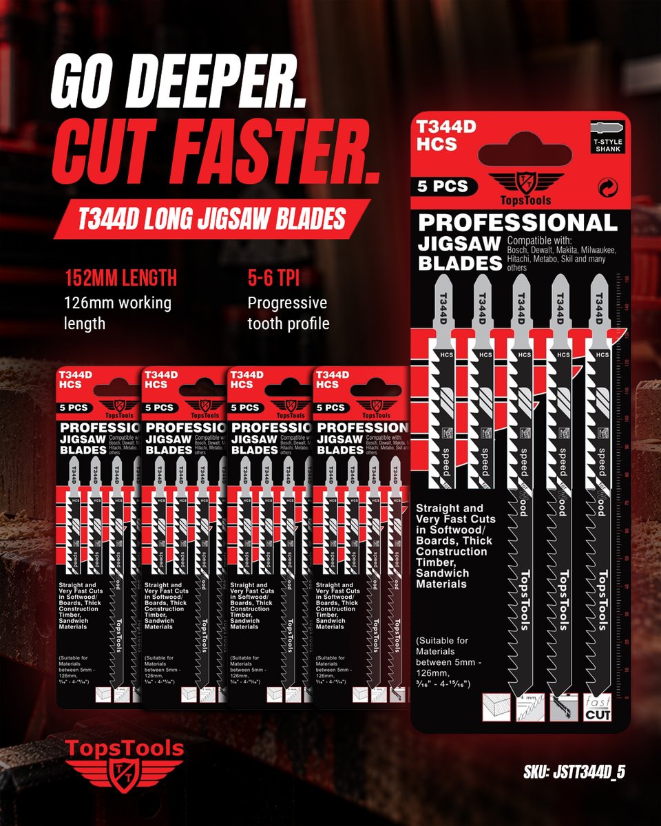 TopsTools's tweet photo. Go deeper. Cut faster. 🔴
TopsTools T344D Long Jigsaw Blades - 152mm overall length with a 126mm working length and 5–6 TPI progressive teeth for fast, straight cuts through thicker timber.
25 PIECE • JSTT344D_5
#TopsTools #Jigsaw #TradeTools https://t.co/XYnPYbc5ps